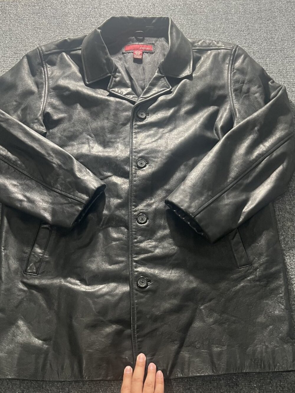 Merona Leather Jacket Mens Large Black Button Up Lined Collared Coat